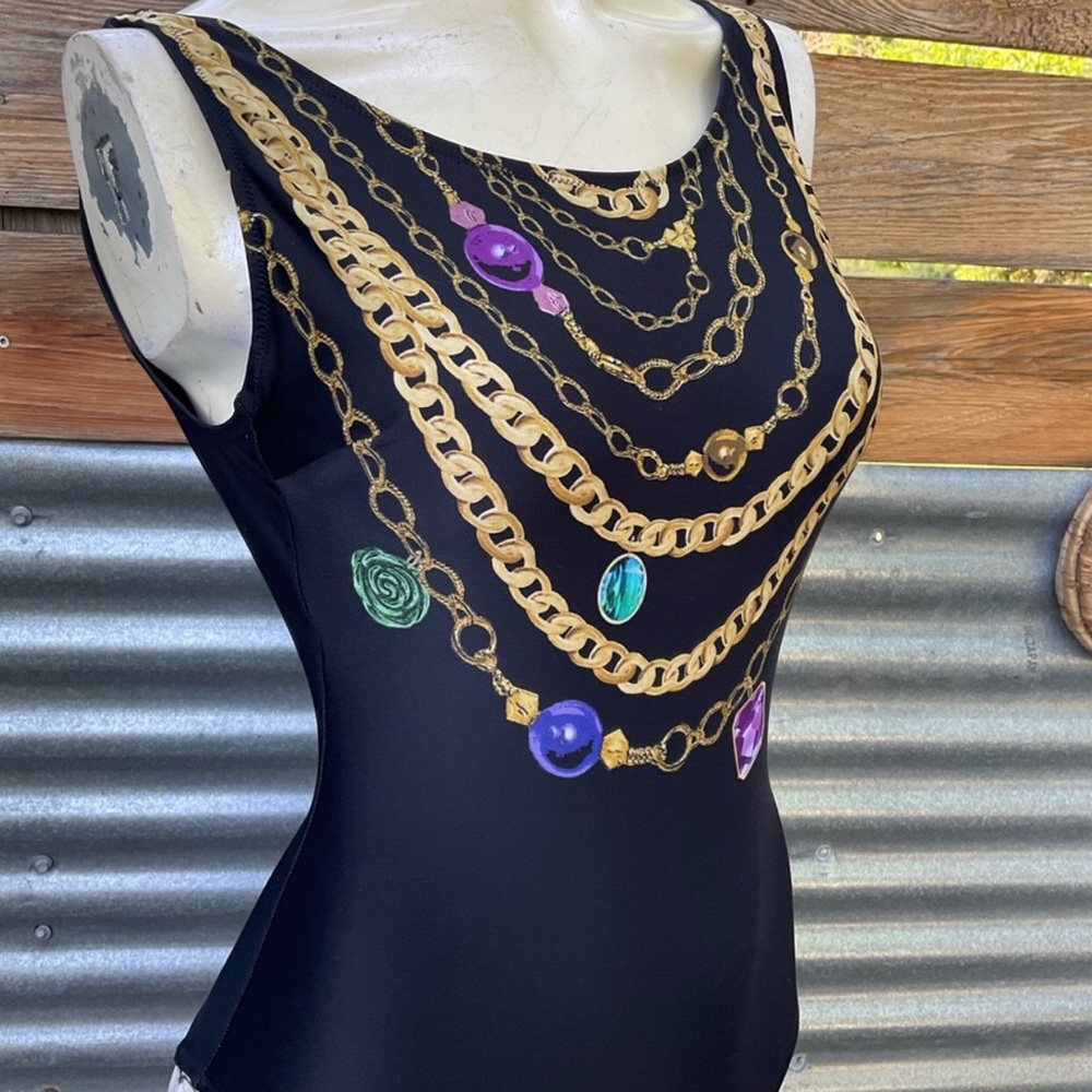 Vintage Layered Chain Print Jewel Gem Bling One Piece Gottex Swimsuit